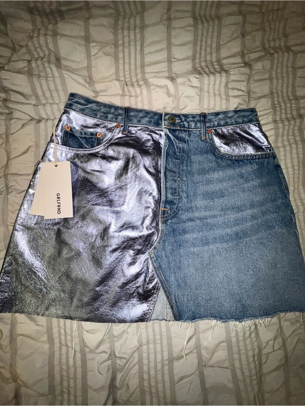GRLFRND Two-Tone Silver Metallic & Blue Denim Mini Skirt